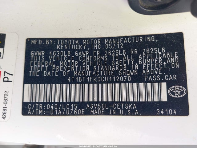 44959313 :رقم المزاد ، 4T1BF1FK0CU112070 vin ، 2012 Toyota Camry Se مزاد بيع
