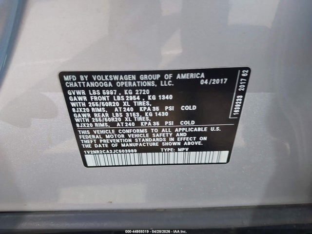 Aukcja sprzedaży 2018 Volkswagen Atlas 3.6l V6 Sel Premium, vin: 1V2NR2CA2JC503989, numer aukcji: 44959319