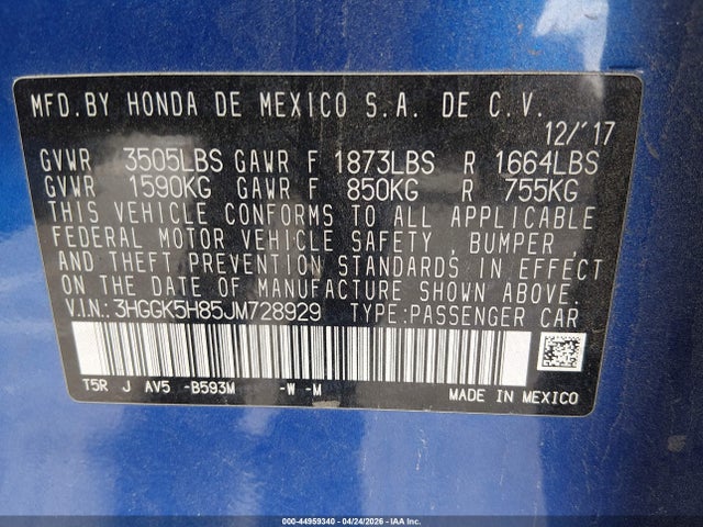 3HGGK5H85JM728929 Honda FIT EX
