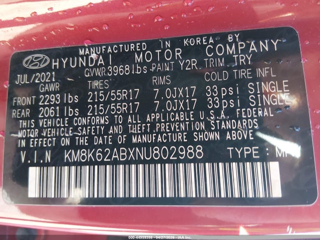 Продаж на аукціоні авто 2022 Hyundai Kona Sel, vin: KM8K62ABXNU802988, номер лоту: 44959358
