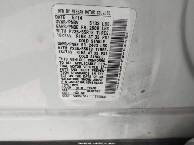 JN8AZ1MU1EW416340 Nissan MURANO SV
