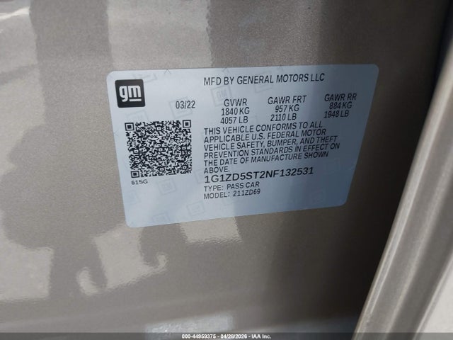 1G1ZD5ST2NF132531 Chevrolet Malibu Fwd Lt
