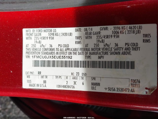 44959383 :رقم المزاد ، 1FMCU0JX5EUE55192 vin ، 2014 Ford Escape Titanium مزاد بيع
