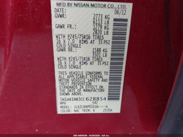 Продажа на аукционе авто 2012 Nissan Pathfinder S, vin: 5N1AR1NB3CC628854, номер лота: 44959395