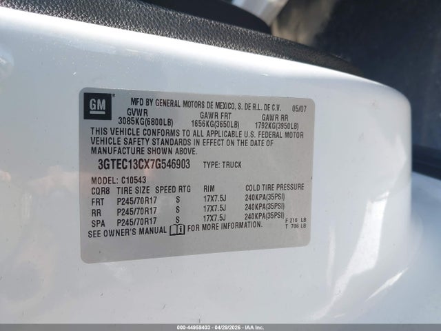 Aukcja sprzedaży 2007 Gmc Sierra 1500 Sl, vin: 3GTEC13CX7G546903, numer aukcji: 44959403