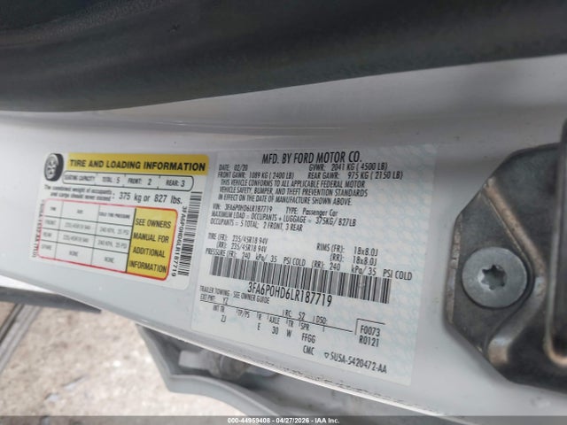 Продажа на аукционе авто 2020 Ford Fusion Se, vin: 3FA6P0HD6LR187719, номер лота: 44959408