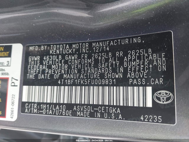 Aukcja sprzedaży 2015 Toyota Camry Xle, vin: 4T1BF1FK5FU009831, numer aukcji: 44959412