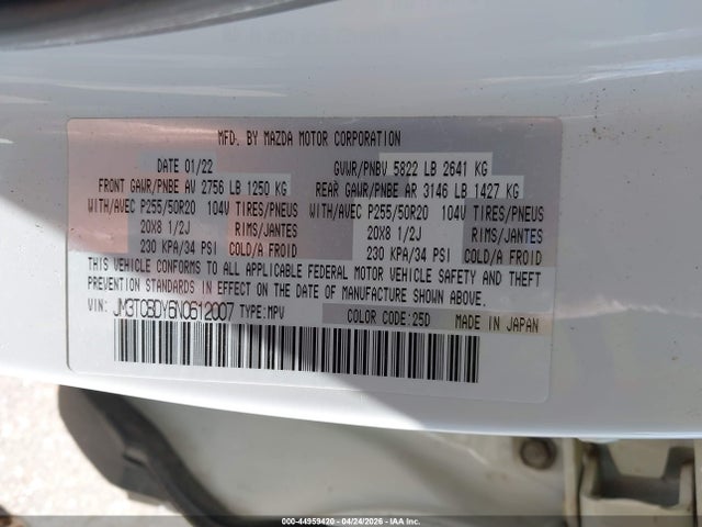Aukcja sprzedaży 2022 Mazda Cx-9 Grand Touring, vin: JM3TCBDY6N0612007, numer aukcji: 44959420