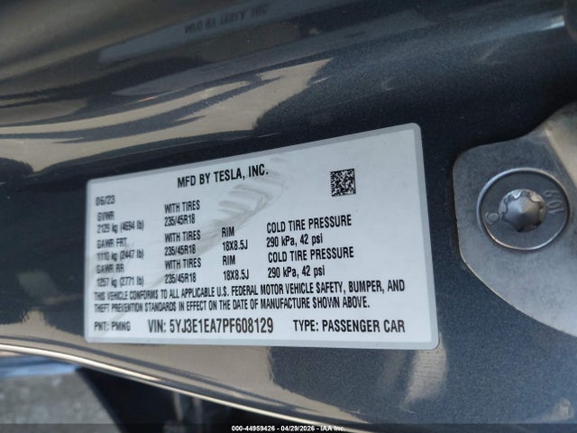 Продаж на аукціоні авто 2023 Tesla Model 3 Rear-wheel Drive, vin: 5YJ3E1EA7PF608129, номер лоту: 44959426