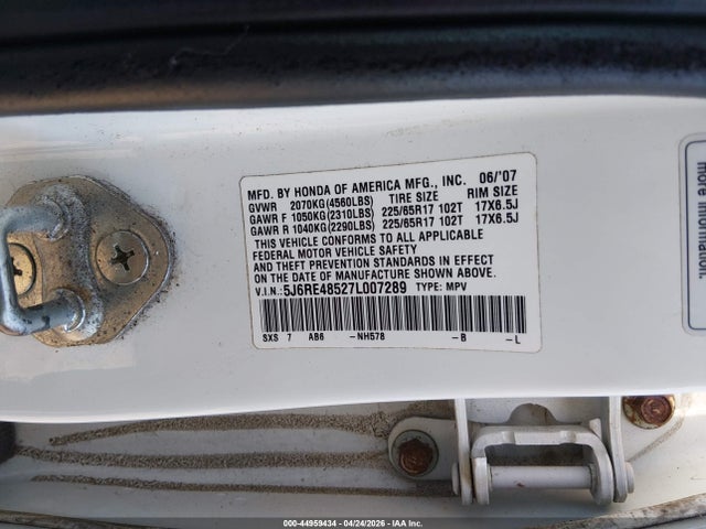 2007 Honda Cr-v Ex მანქანა იყიდება აუქციონზე, vin: 5J6RE48527L007289, აუქციონის ნომერი: 44959434