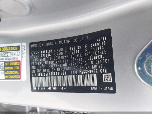 JHMZC5F15KC001768 Honda CLARITY PLUG-IN HYBRID