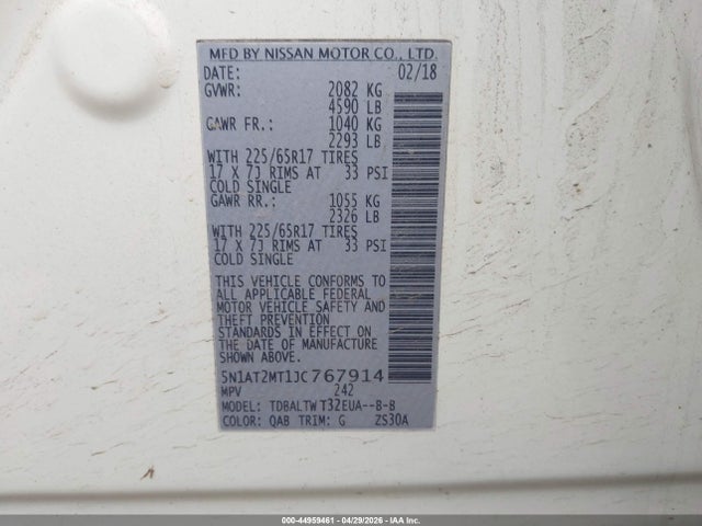 2018 Nissan Rogue Sv მანქანა იყიდება აუქციონზე, vin: 5N1AT2MT1JC767914, აუქციონის ნომერი: 44959461