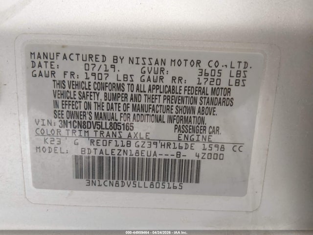 Продаж на аукціоні авто 2020 Nissan Versa S Xtronic Cvt, vin: 3N1CN8DV5LL805165, номер лоту: 44959464