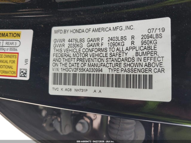 44959473 :رقم المزاد ، 1HGCV2F55KA030994 vin ، 2019 Honda Accord Ex-l 2.0t مزاد بيع