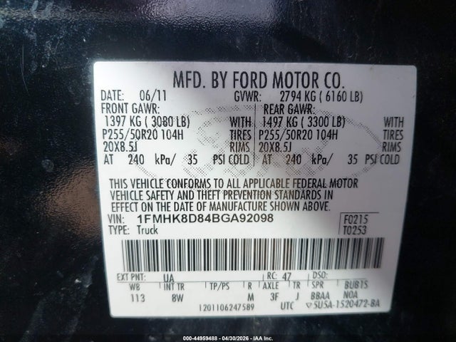 44959488 :رقم المزاد ، 1FMHK8D84BGA92098 vin ، 2011 Ford Explorer Xlt مزاد بيع
