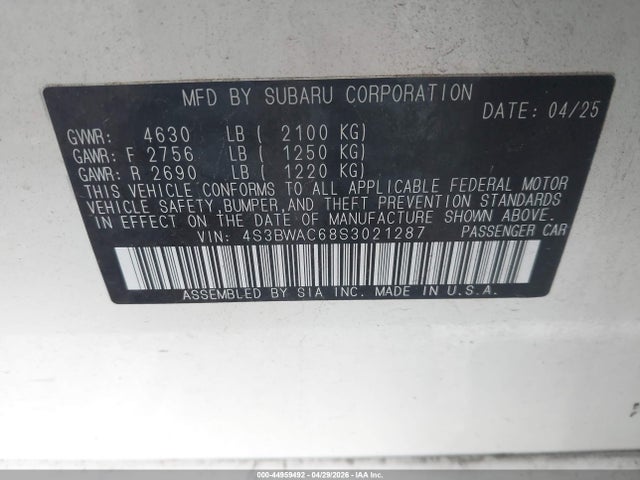 44959492 :رقم المزاد ، 4S3BWAC68S3021287 vin ، 2025 Subaru Legacy Premium مزاد بيع