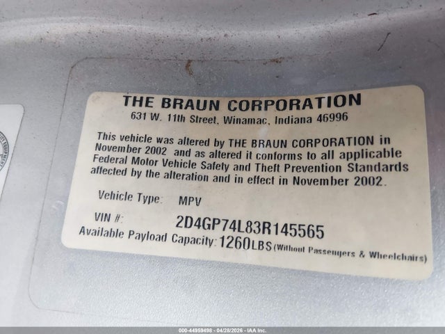 2003 Dodge Grand Caravan Ex მანქანა იყიდება აუქციონზე, vin: 2D4GP74L83R145565, აუქციონის ნომერი: 44959498