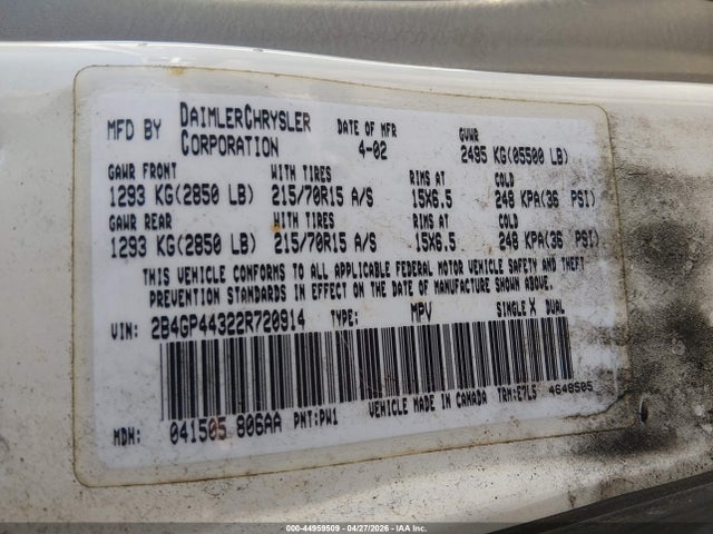 2002 Dodge Grand Caravan Sport მანქანა იყიდება აუქციონზე, vin: 2B4GP44322R720914, აუქციონის ნომერი: 44959509