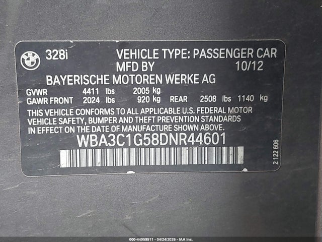 44959511 :رقم المزاد ، WBA3C1G58DNR44601 vin ، 2013 Bmw 328i مزاد بيع