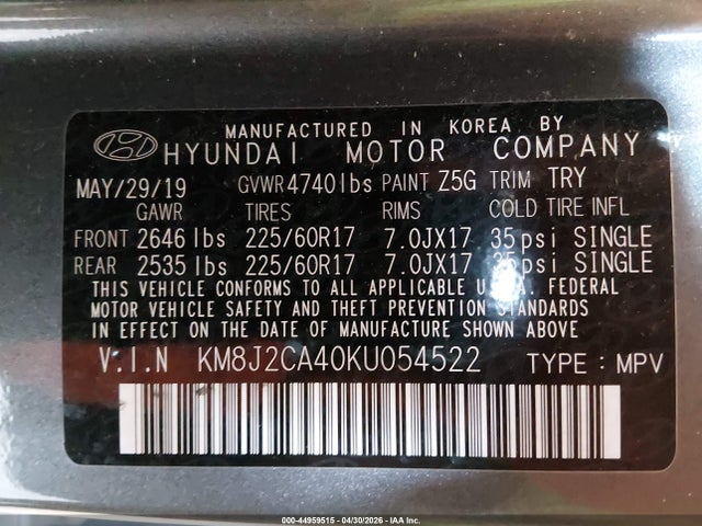 2019 Hyundai Tucson Se მანქანა იყიდება აუქციონზე, vin: KM8J2CA40KU054522, აუქციონის ნომერი: 44959515