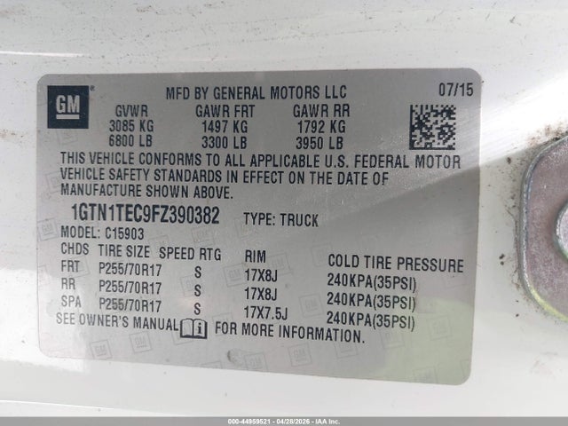 Продажа на аукционе авто 2015 Gmc Sierra 1500, vin: 1GTN1TEC9FZ390382, номер лота: 44959521