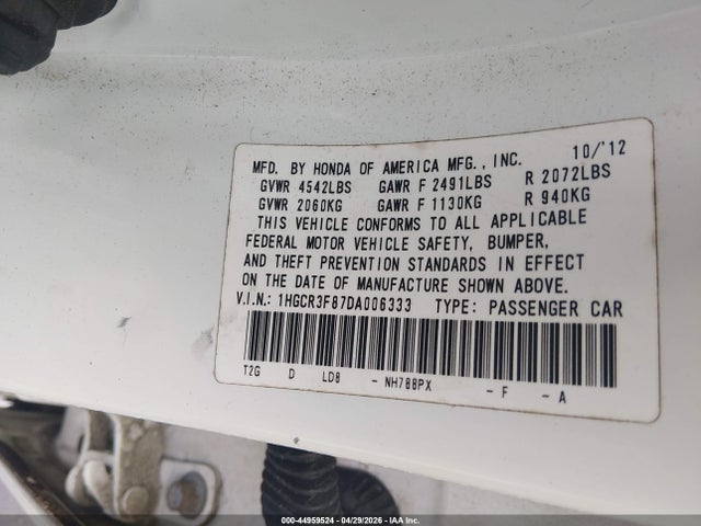 Продаж на аукціоні авто 2013 Honda Accord Ex-l V-6, vin: 1HGCR3F87DA006333, номер лоту: 44959524