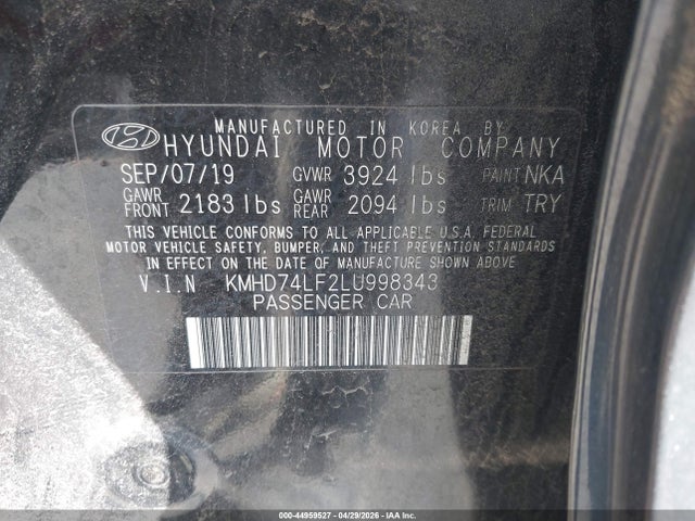 44959527 :رقم المزاد ، KMHD74LF2LU998343 vin ، 2020 Hyundai Elantra Se مزاد بيع