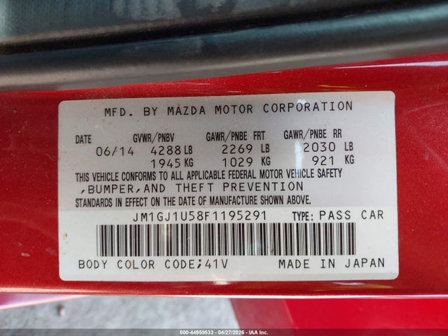 44959533 :رقم المزاد ، JM1GJ1U58F1195291 vin ، 2015 Mazda Mazda6 I Sport مزاد بيع