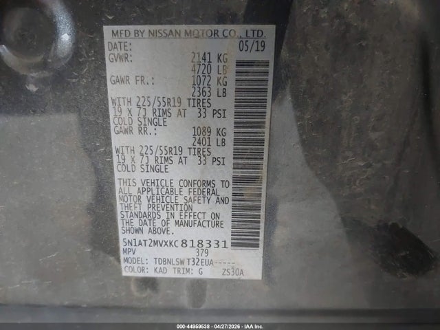 Aukcja sprzedaży 2019 Nissan Rogue Sl, vin: 5N1AT2MVXKC818331, numer aukcji: 44959538