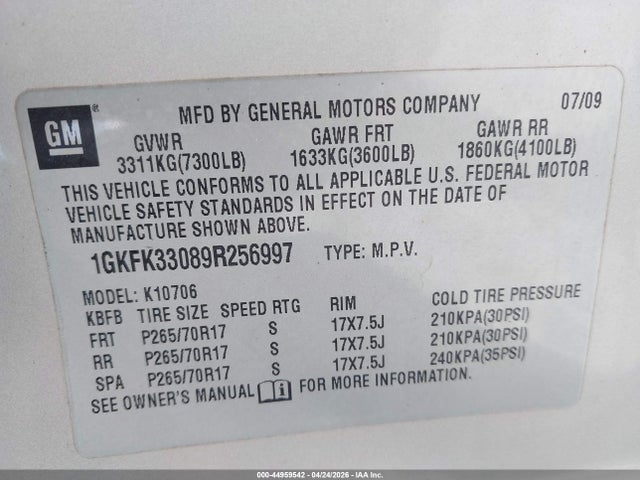 44959542 :رقم المزاد ، 1GKFK33089R256997 vin ، 2009 Gmc Yukon Slt2 مزاد بيع