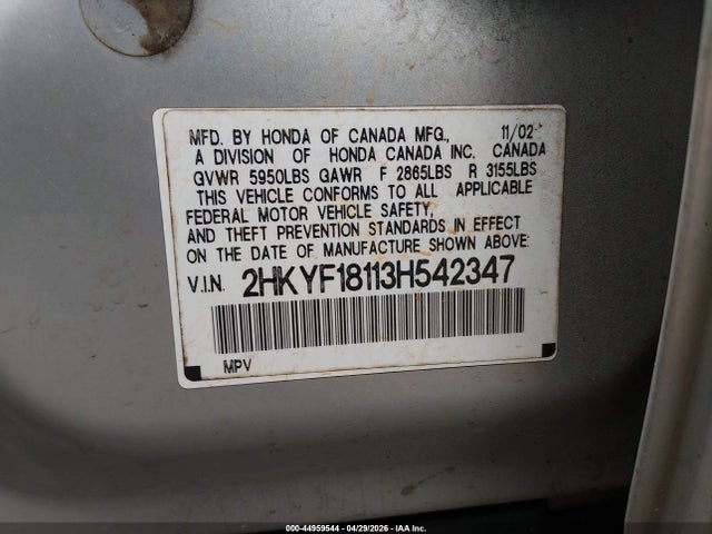 Aukcja sprzedaży 2003 Honda Pilot Lx, vin: 2HKYF18113H542347, numer aukcji: 44959544