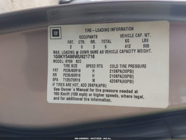 1998 Cadillac Seville Sts მანქანა იყიდება აუქციონზე, vin: 1G6KY5496WU921716, აუქციონის ნომერი: 44959553