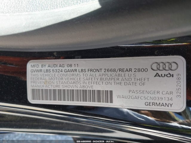 2012 Audi A7 Premium მანქანა იყიდება აუქციონზე, vin: WAU2GAFC5CN039134, აუქციონის ნომერი: 44959560