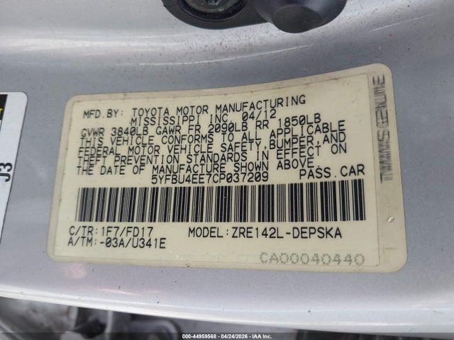 44959568 :رقم المزاد ، 5YFBU4EE7CP037209 vin ، 2012 Toyota Corolla S مزاد بيع