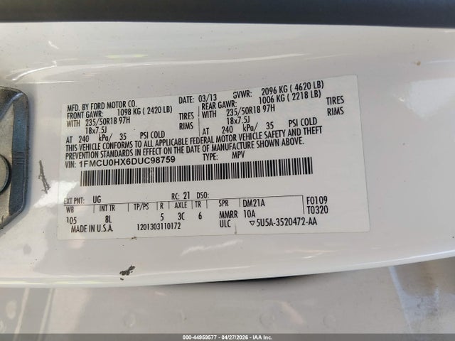 2013 Ford Escape Sel მანქანა იყიდება აუქციონზე, vin: 1FMCU0HX6DUC98759, აუქციონის ნომერი: 44959577