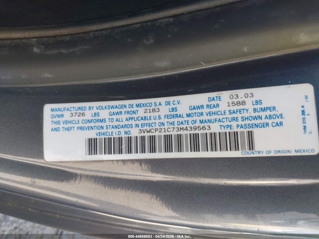 Aukcja sprzedaży 2003 Volkswagen New Beetle Gls Tdi, vin: 3VWCP21C73M439563, numer aukcji: 44959583