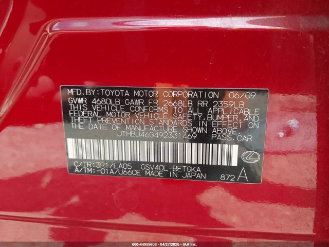 44959608 :رقم المزاد ، JTHBJ46G492331469 vin ، 2009 Lexus Es 350 مزاد بيع
