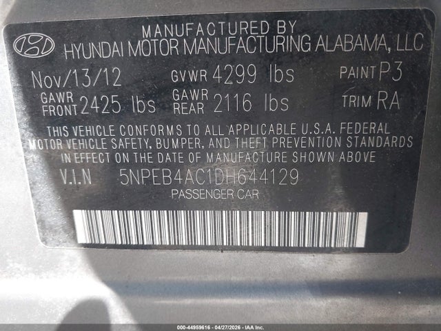 2013 Hyundai Sonata Gls მანქანა იყიდება აუქციონზე, vin: 5NPEB4AC1DH644129, აუქციონის ნომერი: 44959616