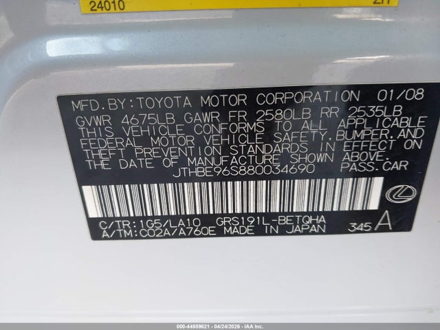 Aukcja sprzedaży 2008 Lexus Gs 350, vin: JTHBE96S880034690, numer aukcji: 44959621