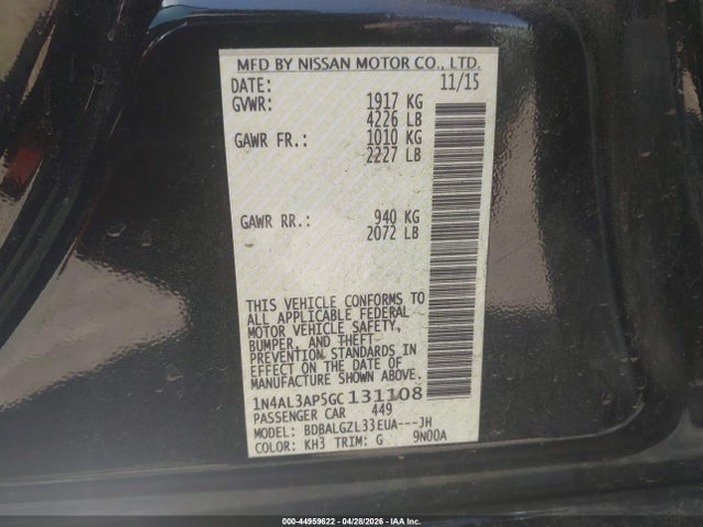 2016 Nissan Altima 2.5 S მანქანა იყიდება აუქციონზე, vin: 1N4AL3AP5GC131108, აუქციონის ნომერი: 44959622