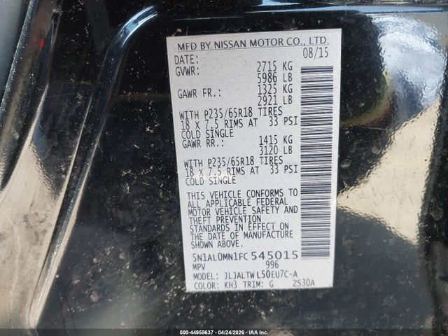2015 Infiniti Qx60 მანქანა იყიდება აუქციონზე, vin: 5N1AL0MN1FC545015, აუქციონის ნომერი: 44959637