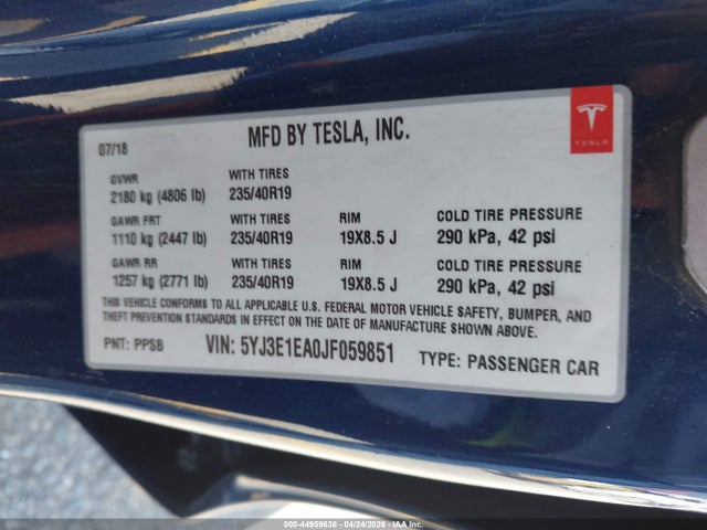 5YJ3E1EA0JF059851 Tesla Model 3 Long Range/mid Range