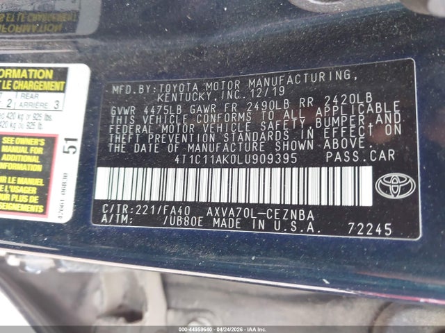 Продаж на аукціоні авто 2020 Toyota Camry Le, vin: 4T1C11AK0LU909395, номер лоту: 44959640
