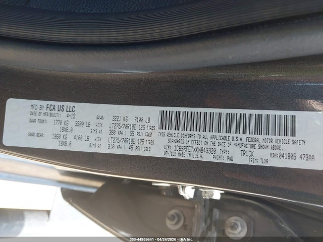 44959641 :رقم المزاد ، 1C6SRFETXKN843320 vin ، 2019 Ram 1500 Rebel  4x4 6'4 Box مزاد بيع