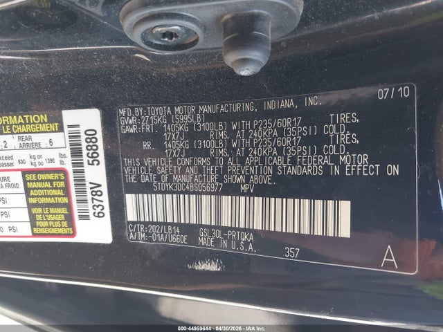 Aukcja sprzedaży 2011 Toyota Sienna Xle V6, vin: 5TDYK3DC4BS056977, numer aukcji: 44959644