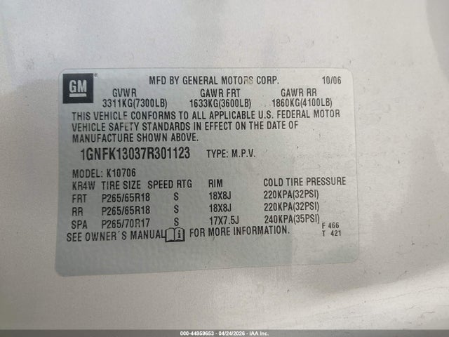 Продаж на аукціоні авто 2007 Chevrolet Tahoe Lt, vin: 1GNFK13037R301123, номер лоту: 44959653