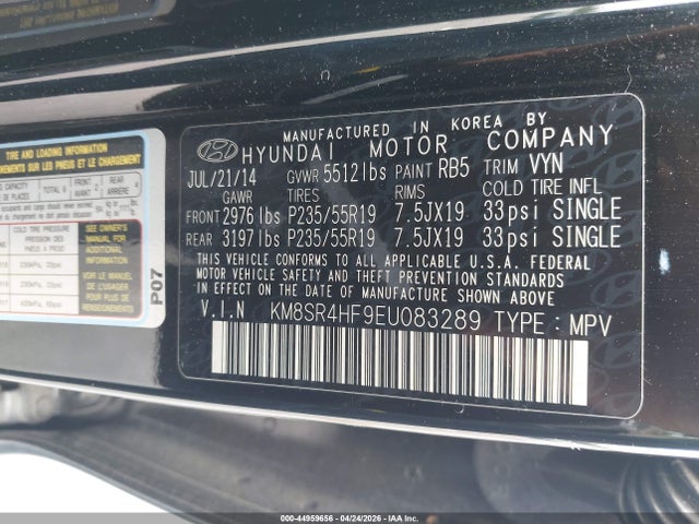 Продаж на аукціоні авто 2014 Hyundai Santa Fe Limited, vin: KM8SR4HF9EU083289, номер лоту: 44959656