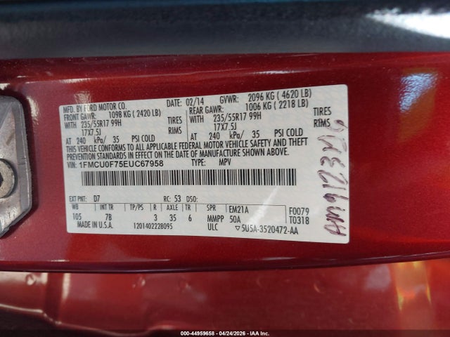 Aukcja sprzedaży 2014 Ford Escape S, vin: 1FMCU0F75EUC67958, numer aukcji: 44959658