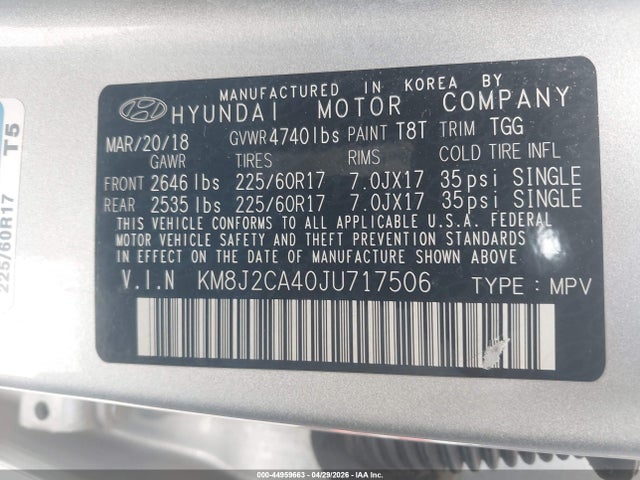 Aukcja sprzedaży 2018 Hyundai Tucson Se, vin: KM8J2CA40JU717506, numer aukcji: 44959663