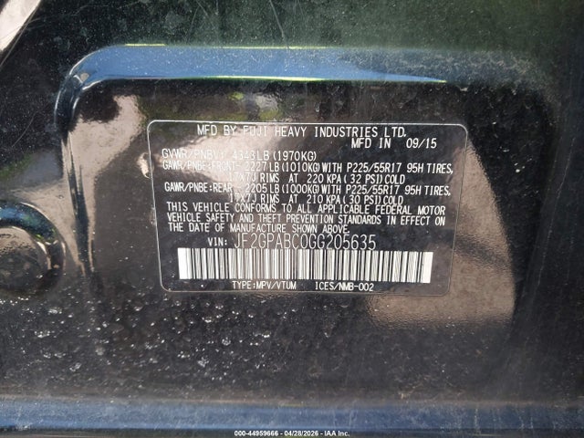 44959666 :رقم المزاد ، JF2GPABC0GG205635 vin ، 2016 Subaru Crosstrek 2.0i Premium مزاد بيع